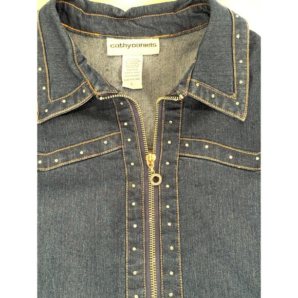 Cathy Daniels Denim Jean Jacket full zip Rhinestone Embellished Sz Large - Picture 2 of 10